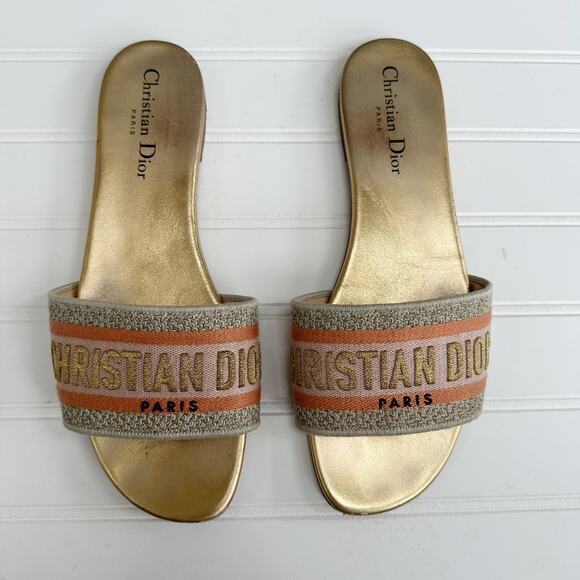 Christian Dior Dway 52K Platinum Gold Embroidered Logo Slide Mule Flat Sandal - Picture 1 of 8